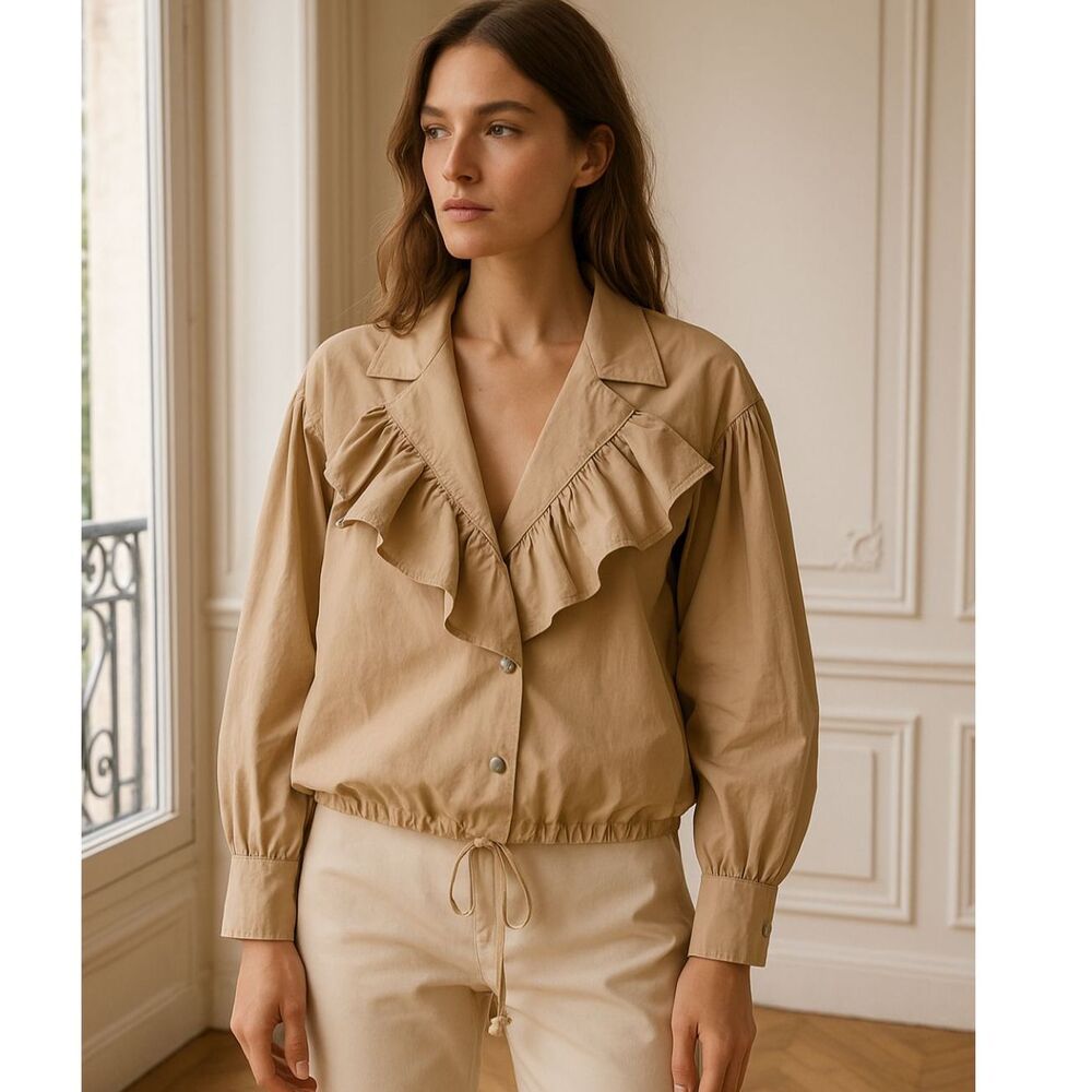 Mazik Ruffle Front Blouse Small Neutral Beige Button Down Old Money Cottage Top